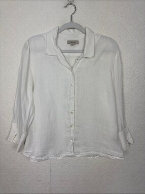Faconnable 100% Linen White Button Front Blouse Women’s XL French Designer Top